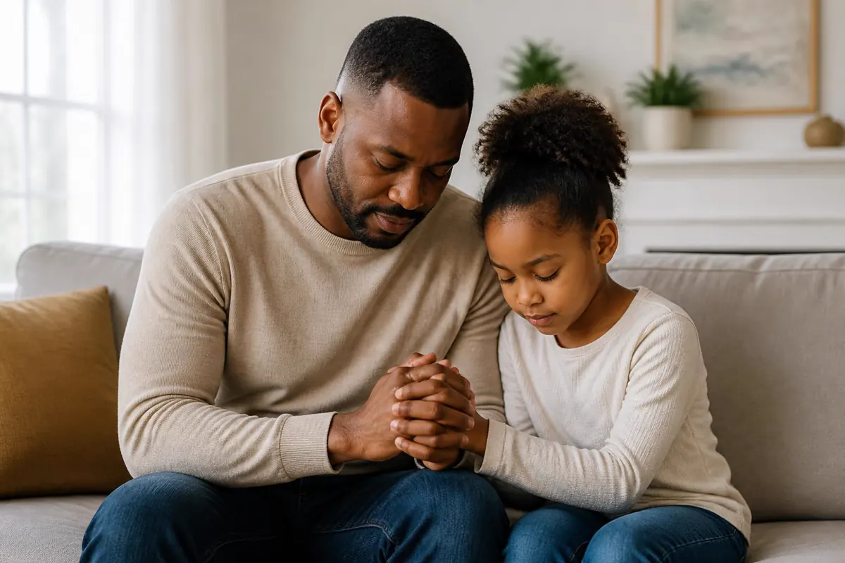 A father and daughter sharing a quiet moment of prayer together.