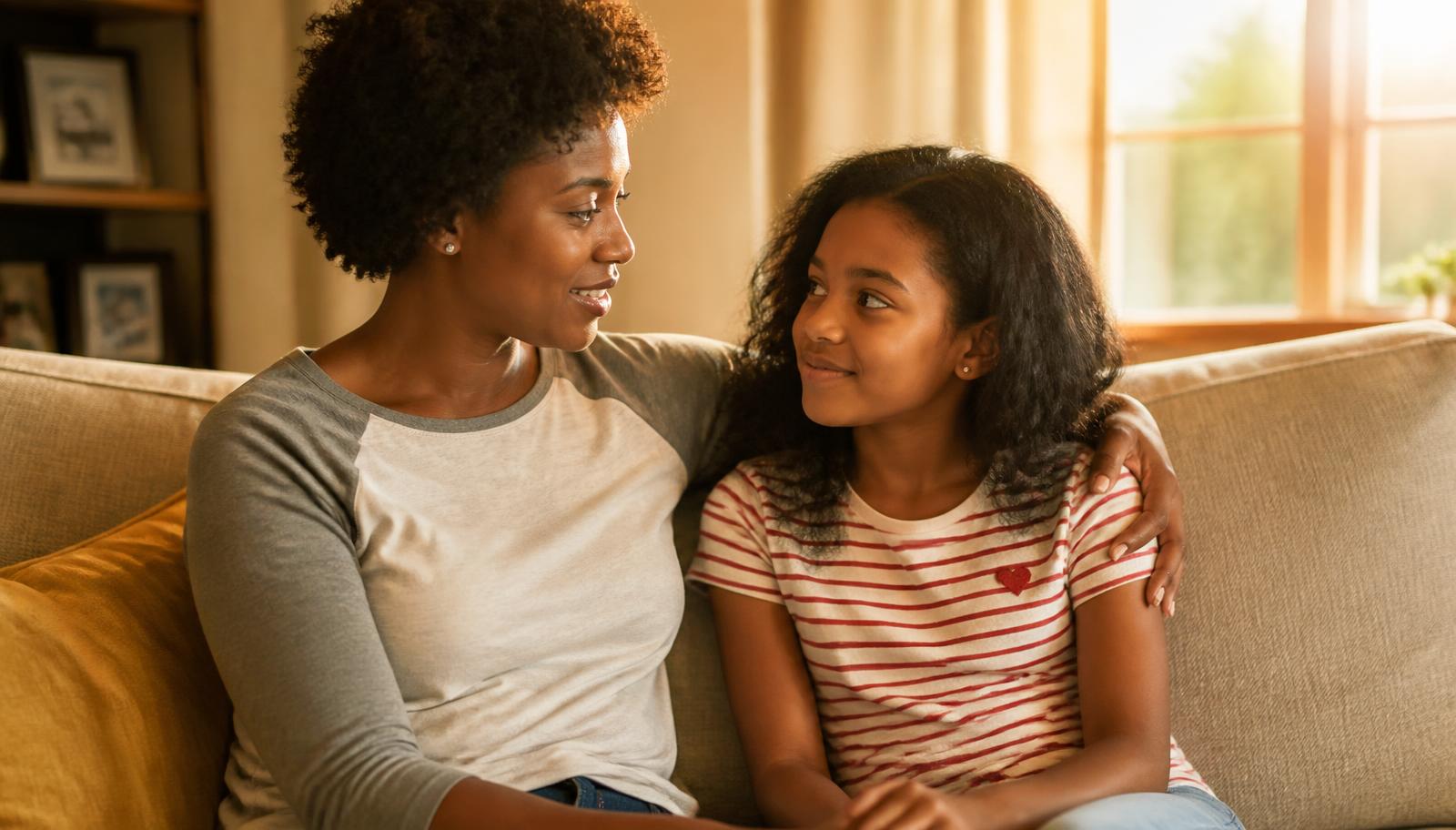 A mother sits close to her preteen daughter on a sunlit sofa, her arm around her shoulder as they talk warmly together