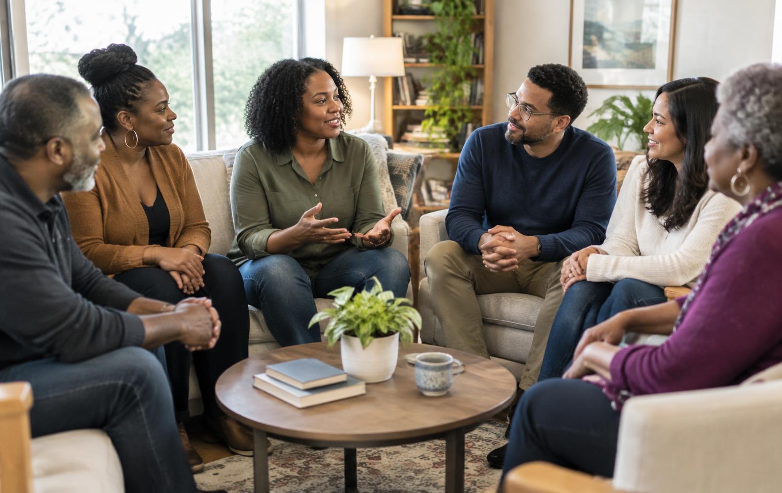 A diverse group of parents and guardians sharing a supportive conversation together